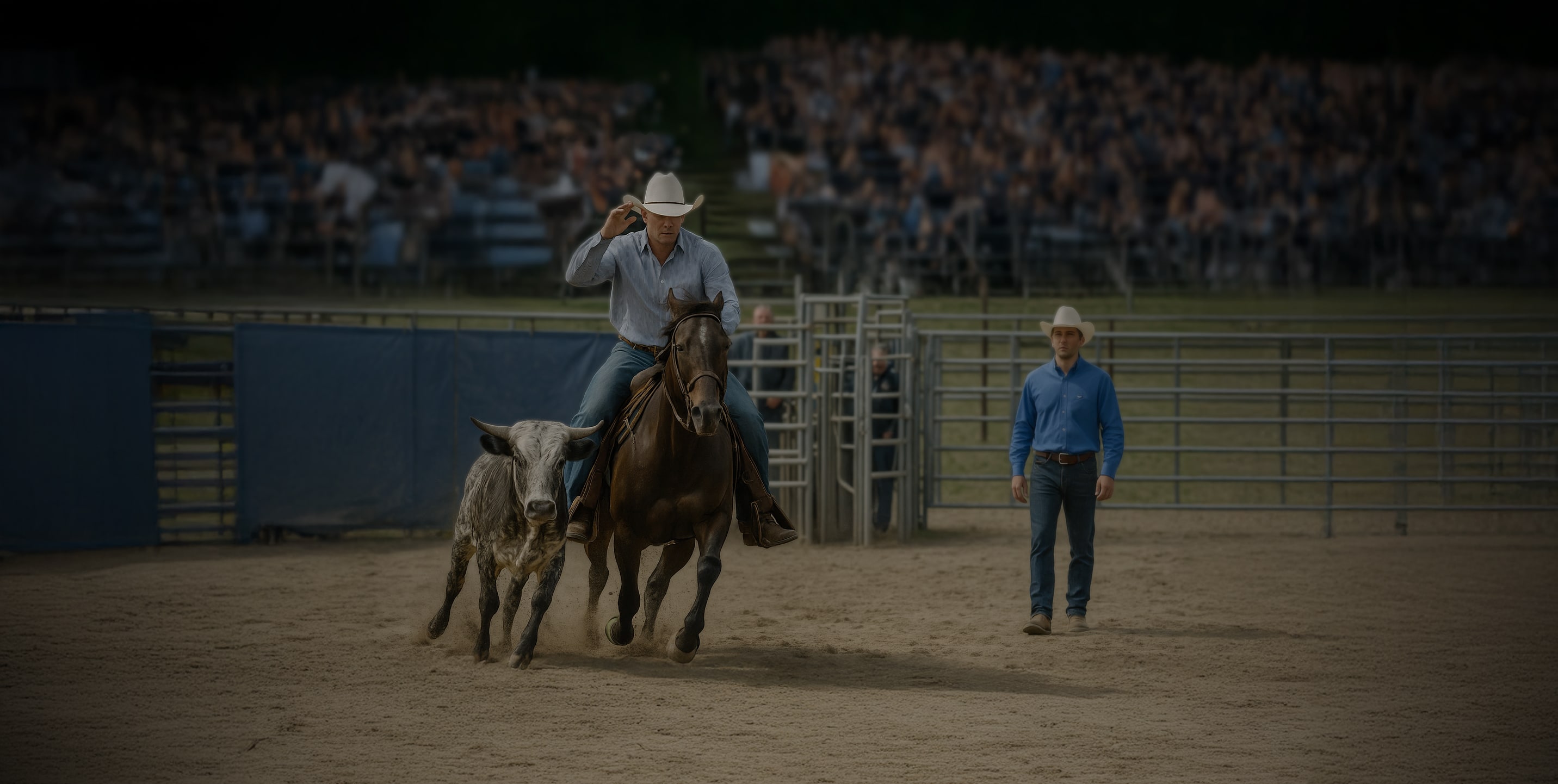 Compétition de rodéo avec un cavalier en chemise bleue et chapeau blanc poursuivant un veau sur son cheval, sous les yeux d'une foule en arrière-plan
